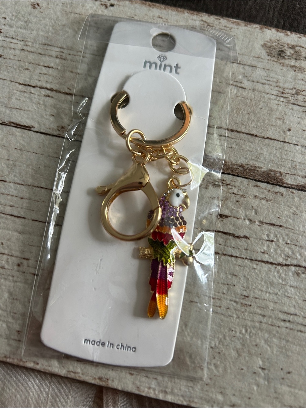 5/$25 Mint Gold Parrot Keychain with Multicolor Enamel Accent